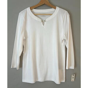 Talbots Women's White 3/4 Sleeve Top V-Notch Neckline Metal Detail NWT Sz PL